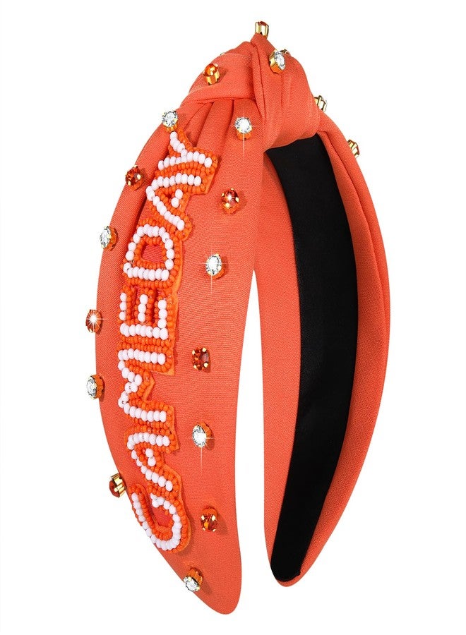 YAHPERN Game Day Headband, Crystal Pearl Knotted Jeweled Top Knot Headband for Women, Sports Baseball Football Hair Accessories (Orange, 1 Count) - Image 1